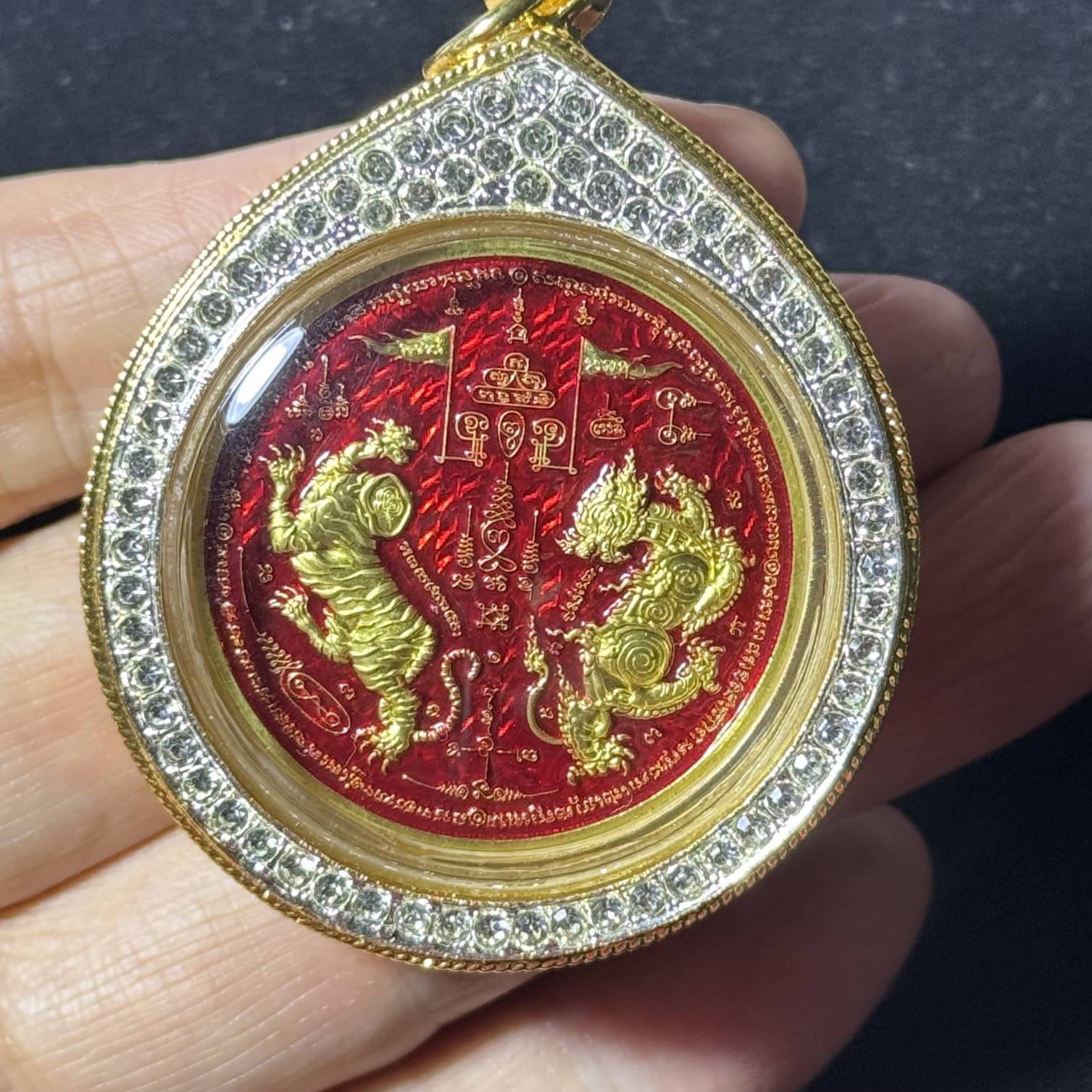 Luang Pu Wichit · Twin Tiger Coin (Rian Suea Khu) · Sao 5 Kru Baramee · Enamel Brass · Wat Khao Nangnom B.E. 2567 · Italian Gold-Plated Case with Rhinestone Bezel · One-of-a-Kind